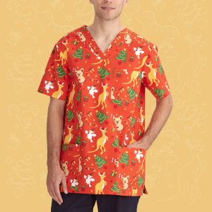 Mens Christmas V-Neck Short Sleeve Scrub Top