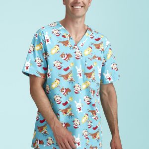 Mens Christmas Short Sleeve V-neck Scrub