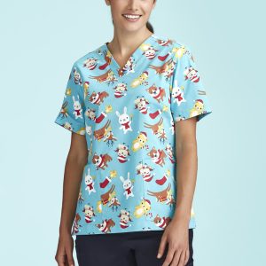 Womens Christmas Short Sleeve V-neck Scrub (Cotton)