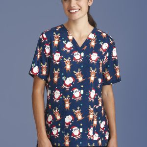 Womens Christmas Short Sleeve V-neck Scrub (Poly Stretch)